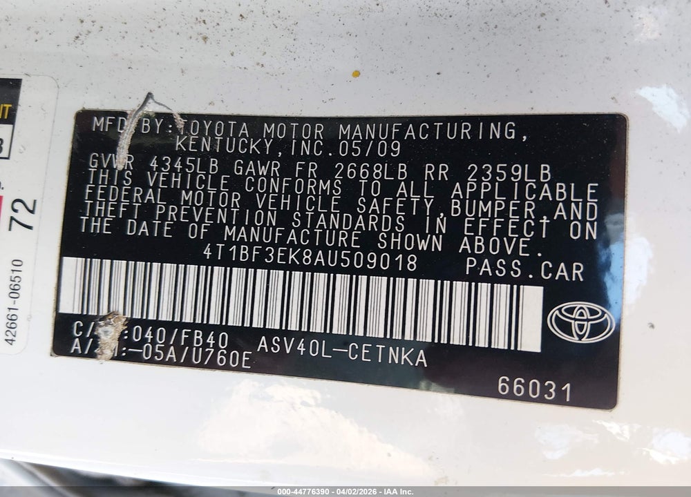 2010 TOYOTA CAMRY LE VIN: 4T1BF3EK8AU509018