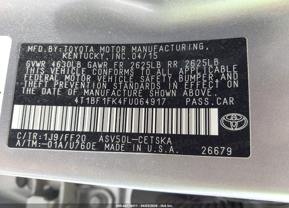2015 TOYOTA CAMRY SE VIN: 4T1BF1FK4FU064917