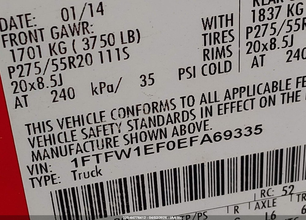 2014 FORD F-150 FX4 VIN: 1FTFW1EF0EFA69335