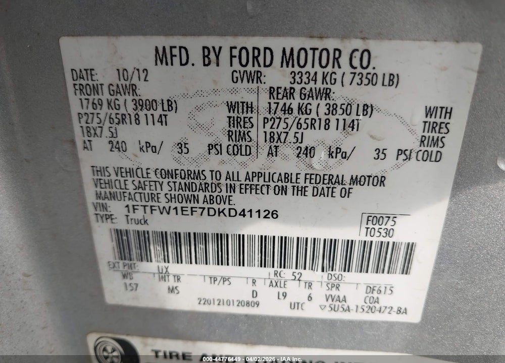 2013 FORD F-150 XLT VIN: 1FTFW1EF7DKD41126
