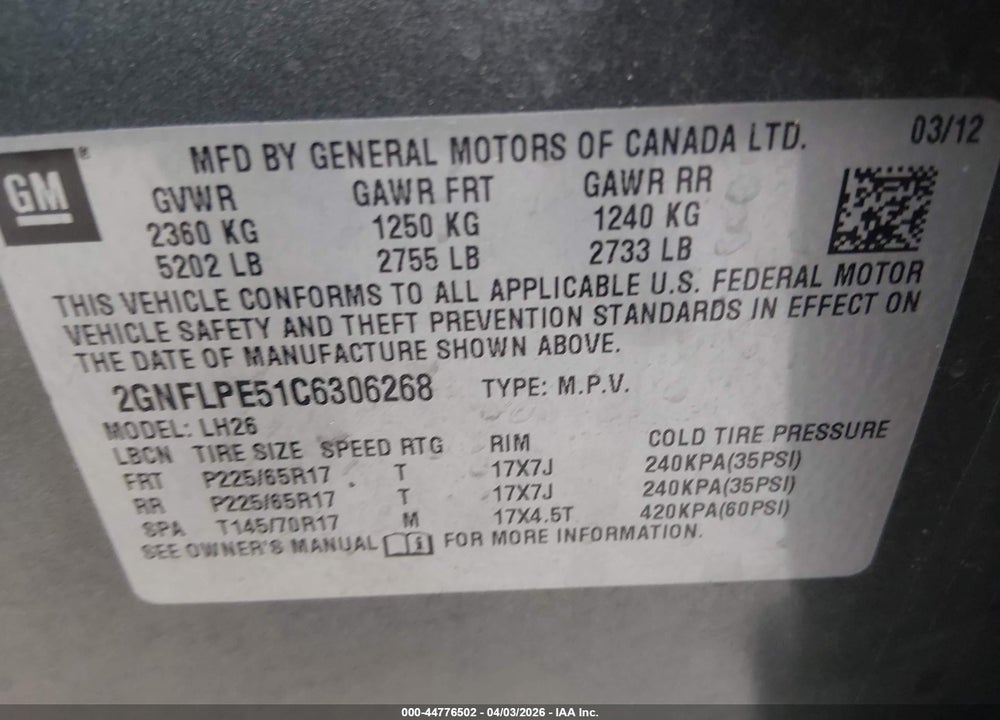 2012 CHEVROLET EQUINOX 2LT VIN: 2GNFLPE51C6306268