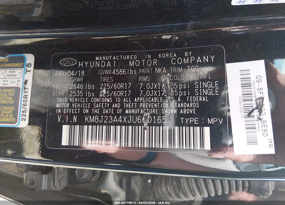 2018 HYUNDAI TUCSON SE VIN: KM8J23A4XJU660165