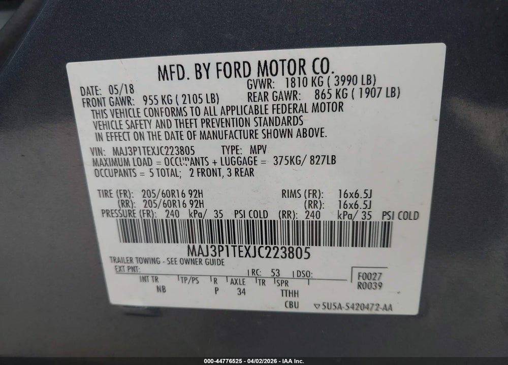 2018 FORD ECOSPORT SE VIN: MAJ3P1TEXJC223805