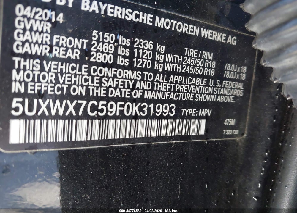 2015 BMW X3 XDRIVE35I VIN: 5UXWX7C59F0K31993