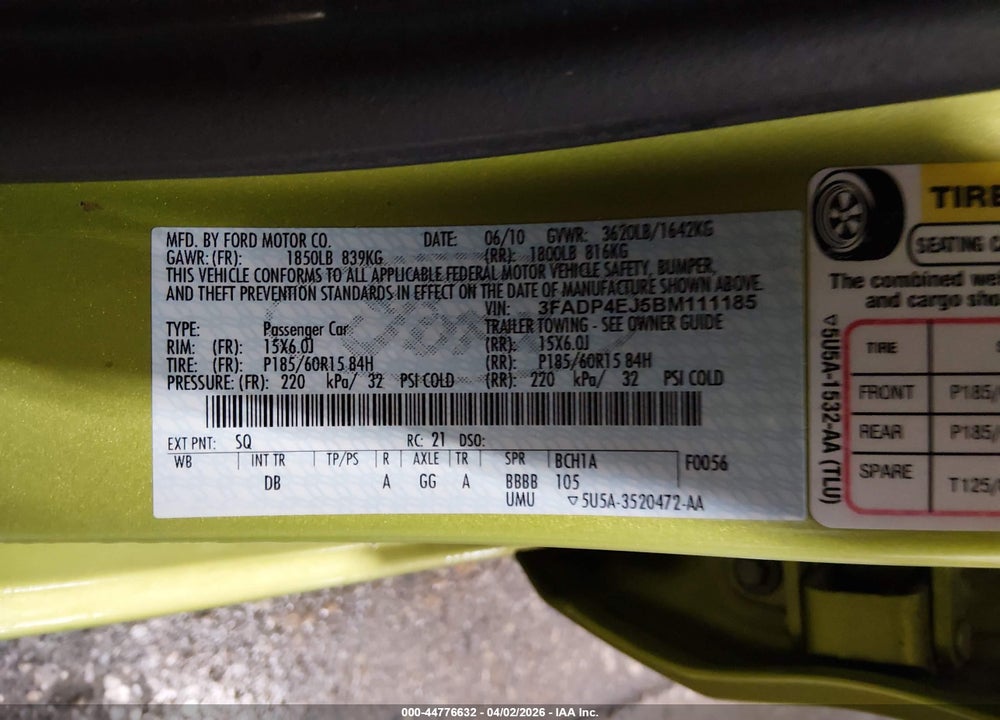 2011 FORD FIESTA SE VIN: 3FADP4EJ5BM111185