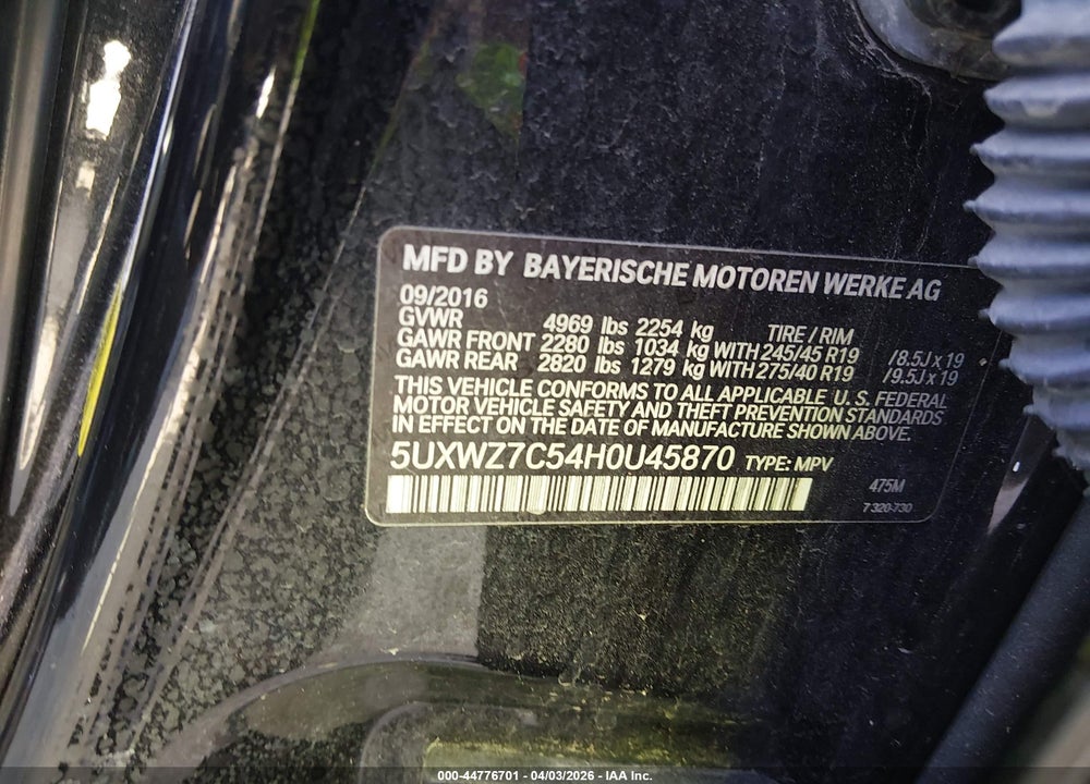 2017 BMW X3 SDRIVE28I VIN: 5UXWZ7C54H0U45870