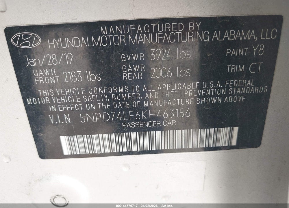 2019 HYUNDAI ELANTRA SE VIN: 5NPD74LF6KH463156