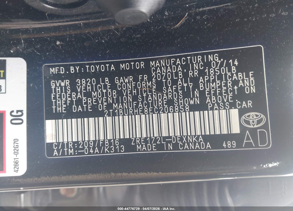 2014 TOYOTA COROLLA LE VIN: 2T1BURHE8EC206858
