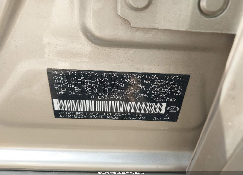 2005 LEXUS LS 430 VIN: JTHBN36F550177740