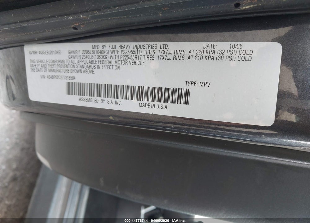 2007 SUBARU OUTBACK 2.5I LIMITED VIN: 4S4BP62C277318584