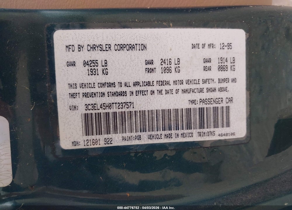 1996 CHRYSLER SEBRING JX VIN: 3C3EL45H0TT237571