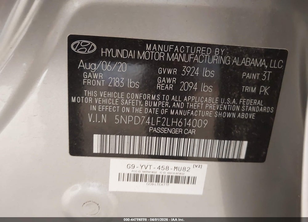 2020 HYUNDAI ELANTRA SE VIN: 5NPD74LF2LH614009