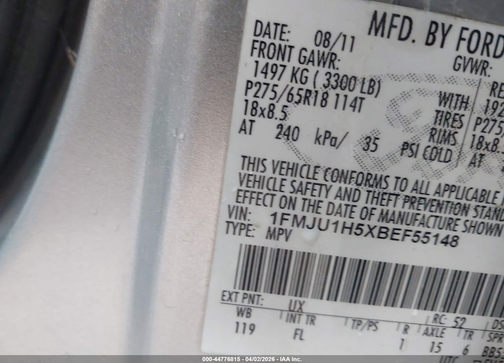 2011 FORD EXPEDITION XLT VIN: 1FMJU1H5XBEF55148