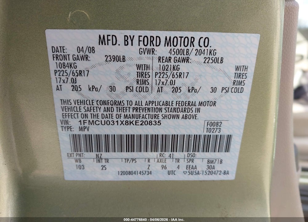 2008 FORD ESCAPE XLT VIN: 1FMCU031X8KE20835