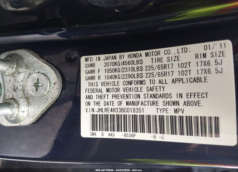 2011 HONDA CR-V LX VIN: JHLRE4H33BC018351