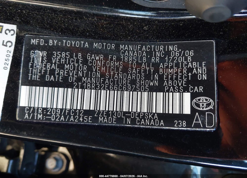 2006 TOYOTA COROLLA S VIN: 2T1BR32E66C697505