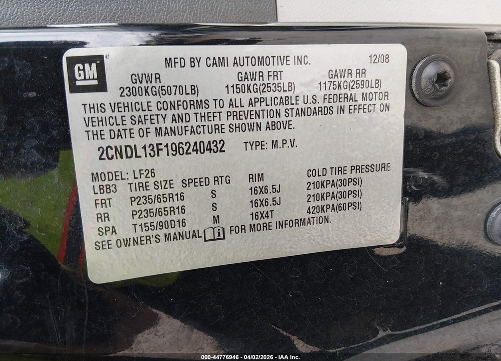 2009 CHEVROLET EQUINOX LS VIN: 2CNDL13F196240432