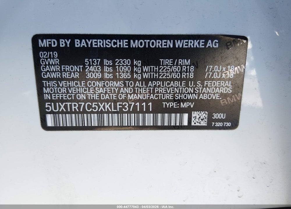 2019 BMW X3 SDRIVE30I VIN: 5UXTR7C5XKLF37111