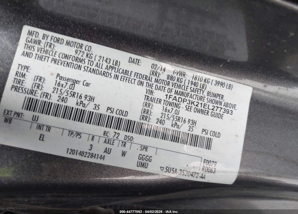2014 FORD FOCUS SE VIN: 1FADP3K21EL277393