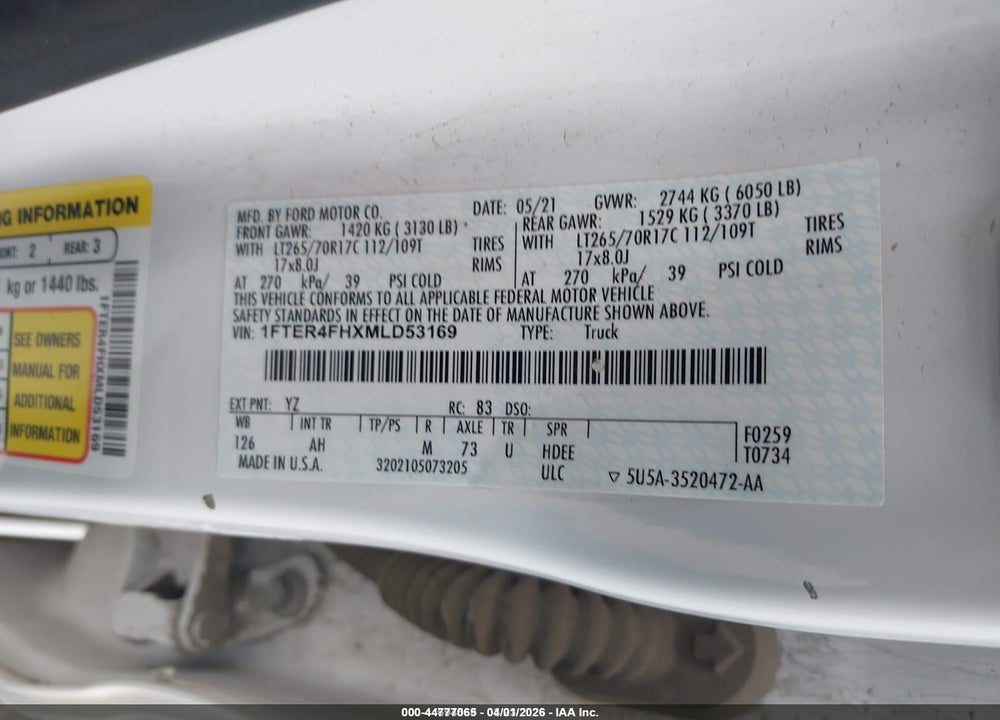 2021 FORD RANGER XLT VIN: 1FTER4FHXMLD53169