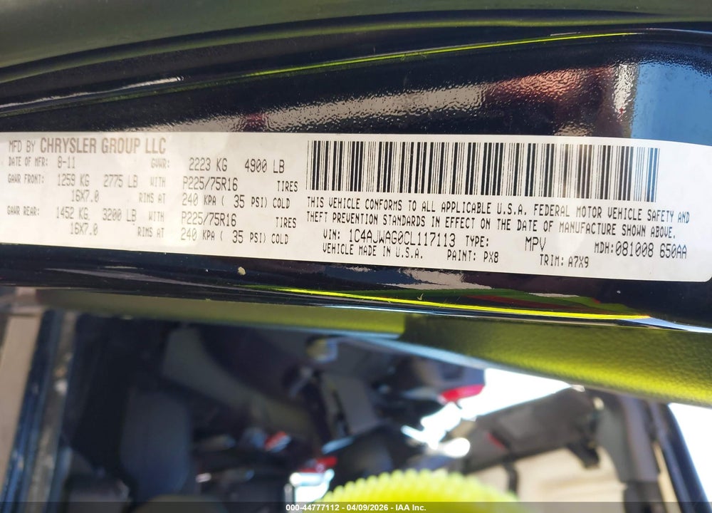2012 JEEP WRANGLER SPORT VIN: 1C4AJWAG0CL117113