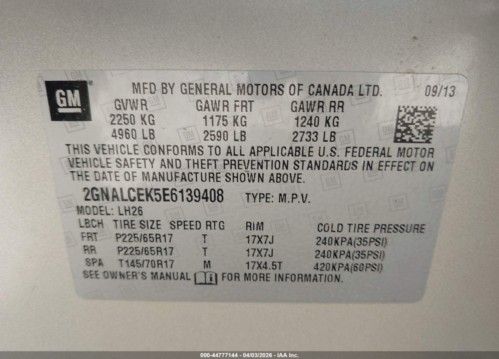 2014 CHEVROLET EQUINOX 2LT VIN: 2GNALCEK5E6139408