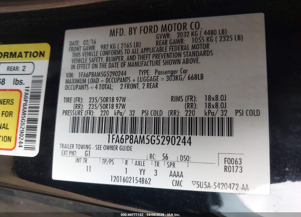 2016 FORD MUSTANG V6 VIN: 1FA6P8AM5G5290244