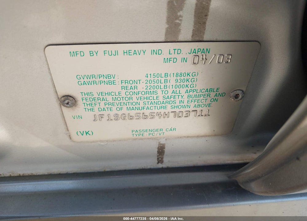 2004 SUBARU FORESTER 2.5XS VIN: JF1SG65654H703711