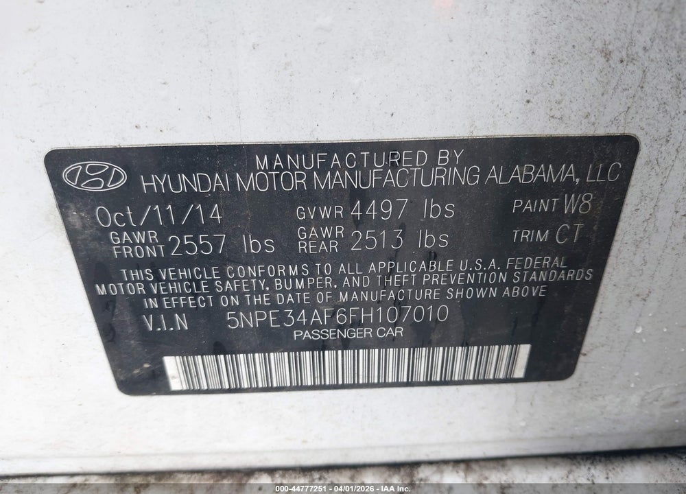 2015 HYUNDAI SONATA SPORT VIN: 5NPE34AF6FH107010