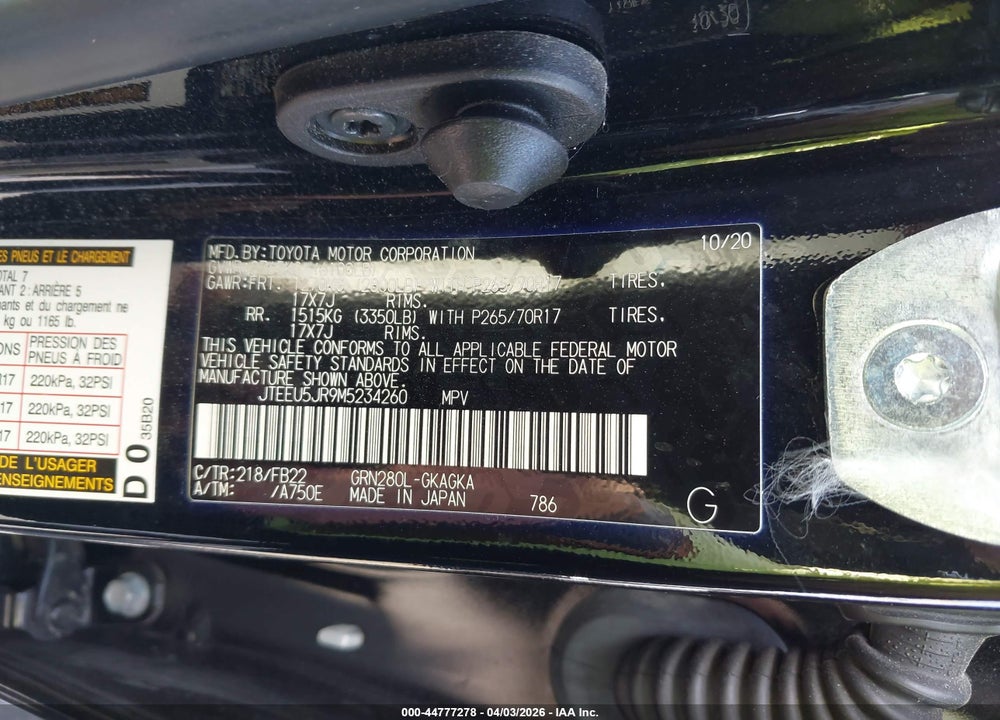 2021 TOYOTA 4RUNNER SR5 VIN: JTEEU5JR9M5234260