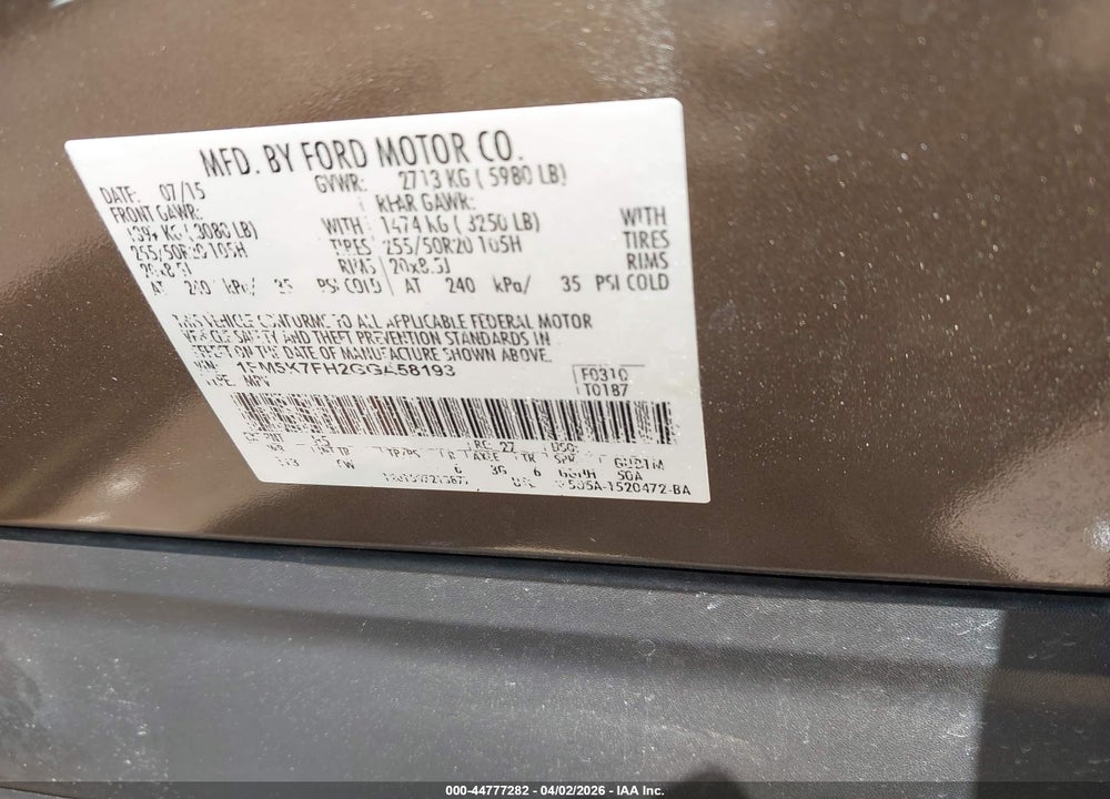 2016 FORD EXPLORER LIMITED VIN: 1FM5K7FH2GGA58193