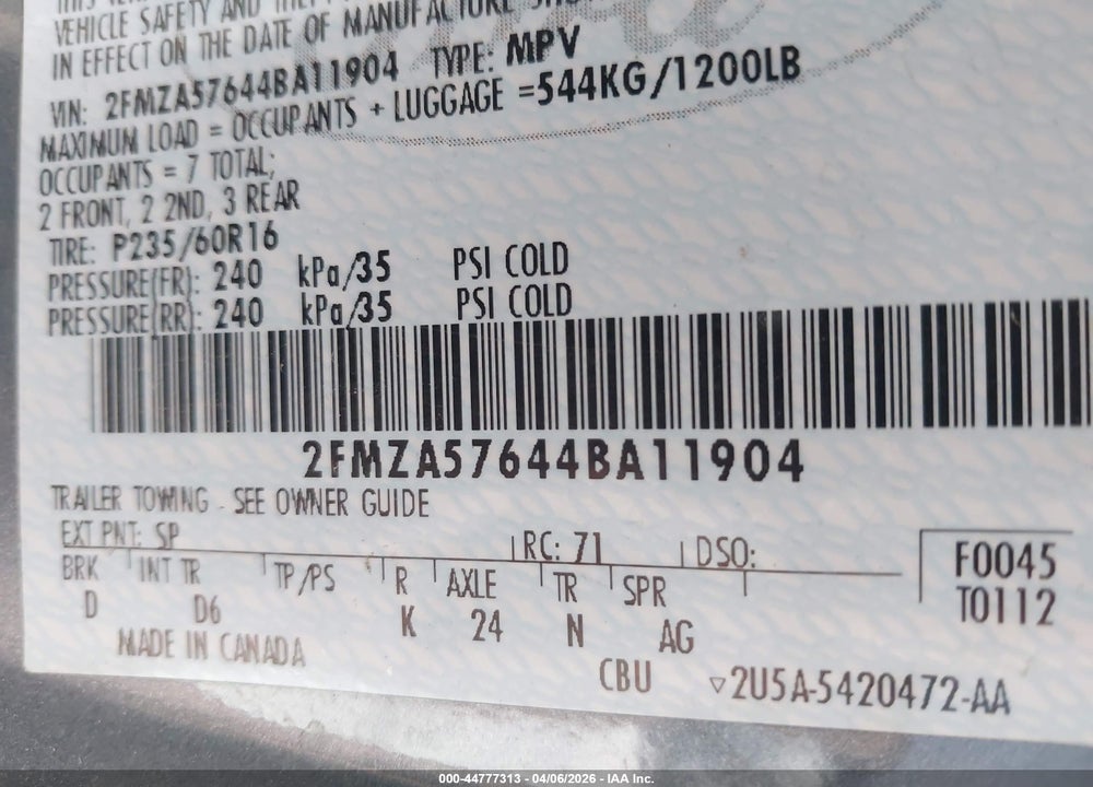 2004 FORD FREESTAR SES VIN: 2FMZA57644BA11904