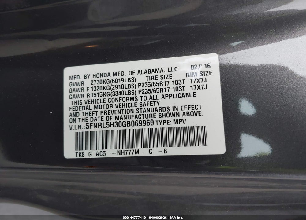 2016 HONDA ODYSSEY SE VIN: 5FNRL5H30GB069969