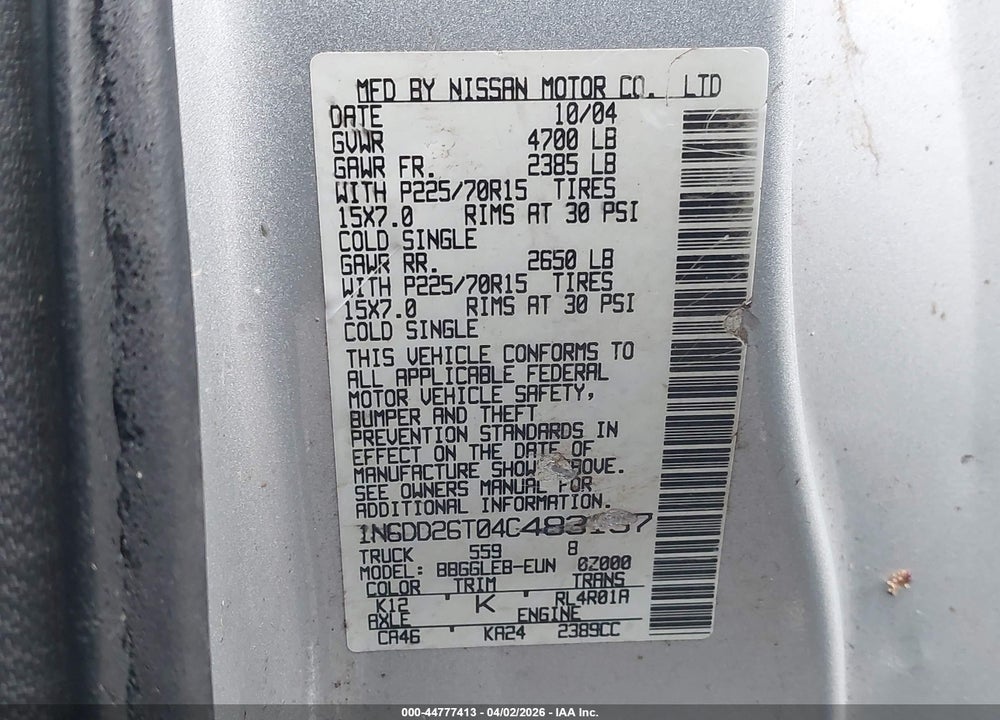 2004 NISSAN FRONTIER XE VIN: 1N6DD26T04C483137