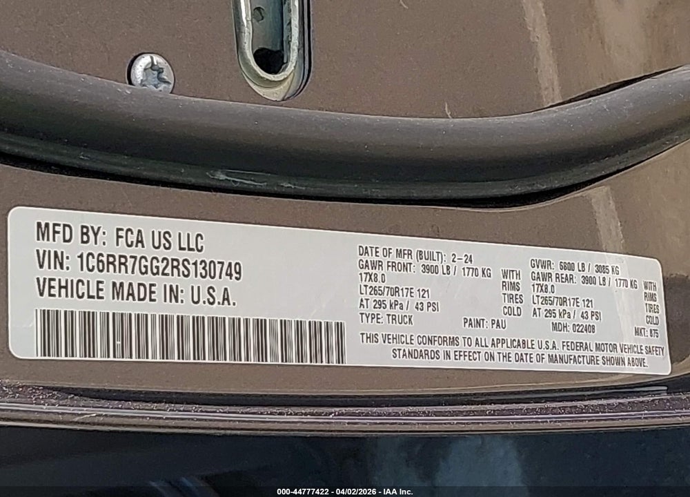 2024 RAM 1500 CLASSIC WARLOCK  4X4 6'4 BOX VIN: 1C6RR7GG2RS130749