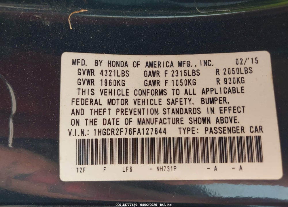 2015 HONDA ACCORD EX VIN: 1HGCR2F76FA127844
