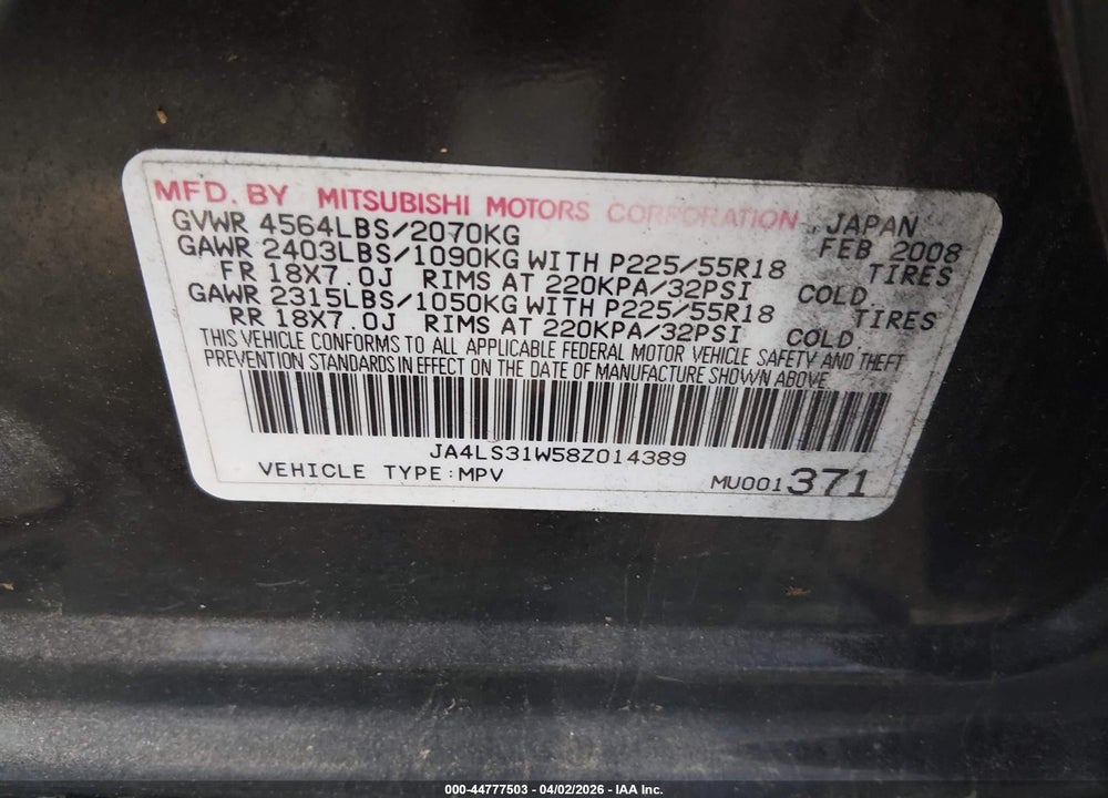 2008 MITSUBISHI OUTLANDER SE VIN: JA4LS31W58Z014389