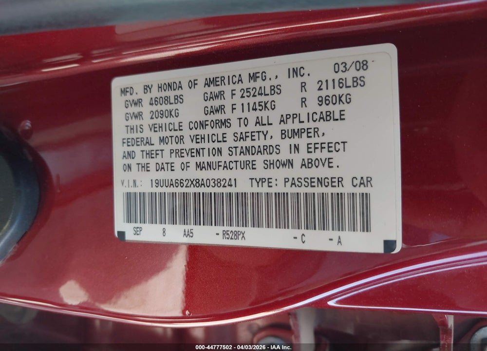 2008 ACURA TL 3.2 VIN: 19UUA662X8A038241