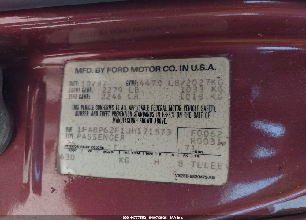 1988 FORD THUNDERBIRD LX VIN: 1FABP62F1JH121573