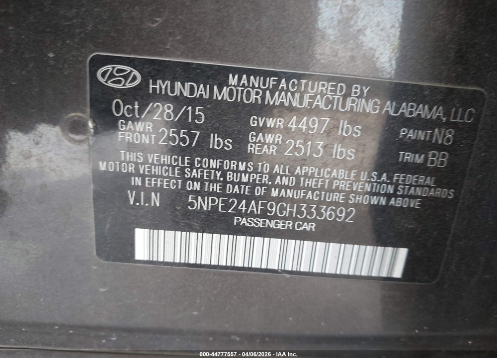 2016 HYUNDAI SONATA SE VIN: 5NPE24AF9GH333692