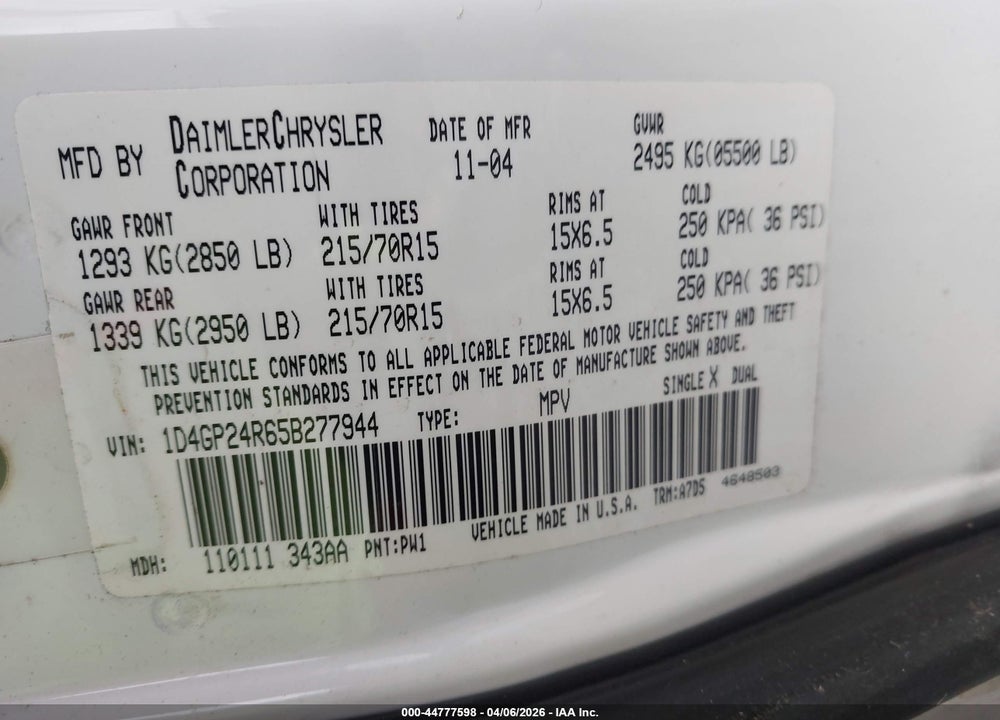 2005 DODGE GRAND CARAVAN SE VIN: 1D4GP24R65B277944