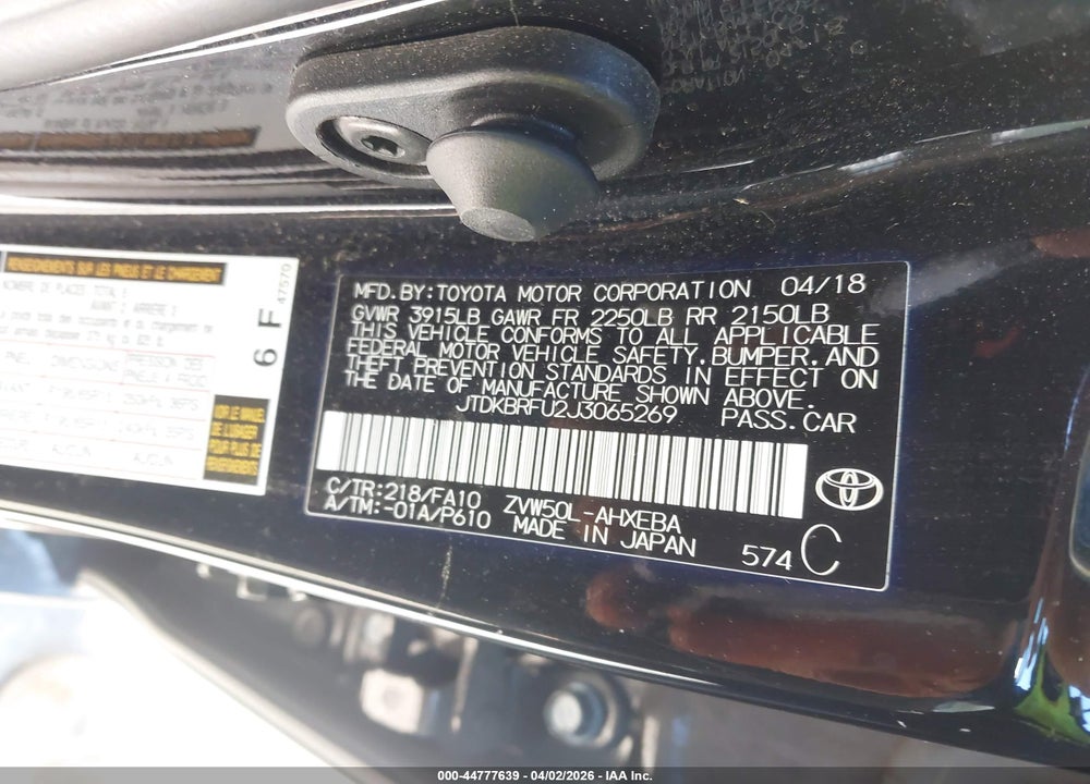 2018 TOYOTA PRIUS ONE VIN: JTDKBRFU2J3065269