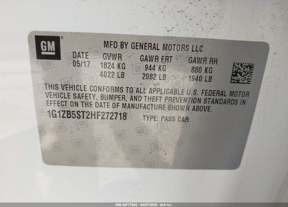 2017 CHEVROLET MALIBU LS VIN: 1G1ZB5ST2HF272718