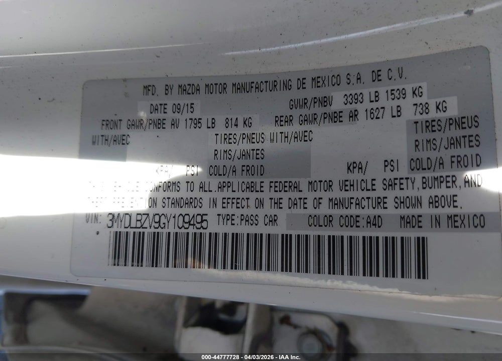 2016 SCION IA VIN: 3MYDLBZV9GY109495