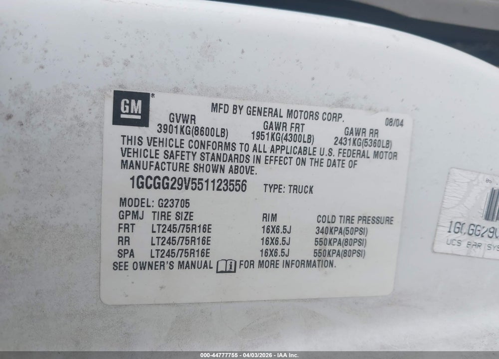 2005 CHEVROLET EXPRESS VIN: 1GCGG29V551123556