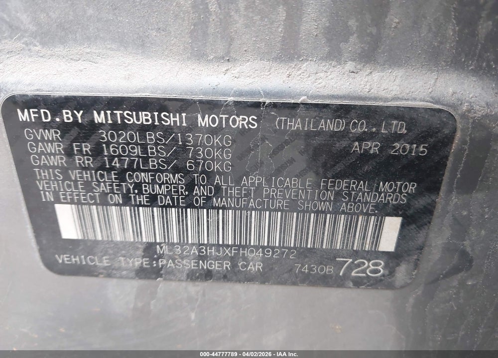 2015 MITSUBISHI MIRAGE DE VIN: ML32A3HJXFH049272