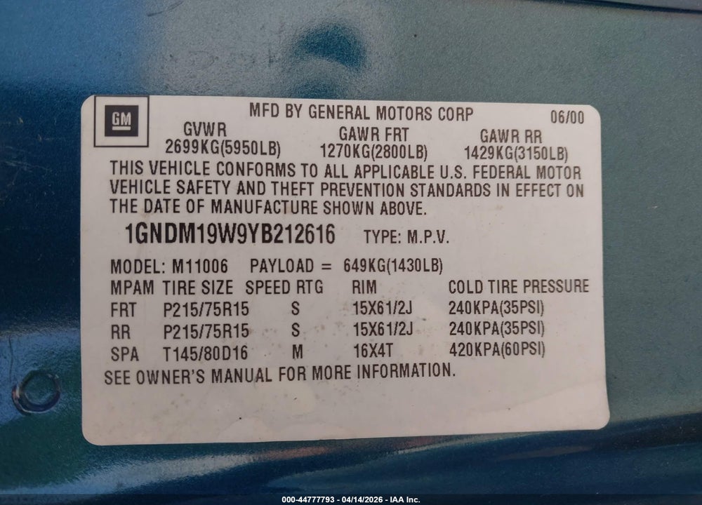 2000 CHEVROLET ASTRO VIN: 1GNDM19W9YB212616
