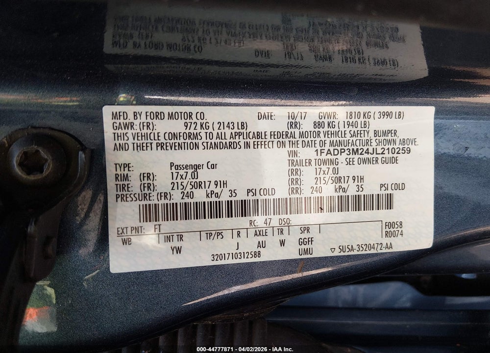 2018 FORD FOCUS SEL VIN: 1FADP3M24JL210259