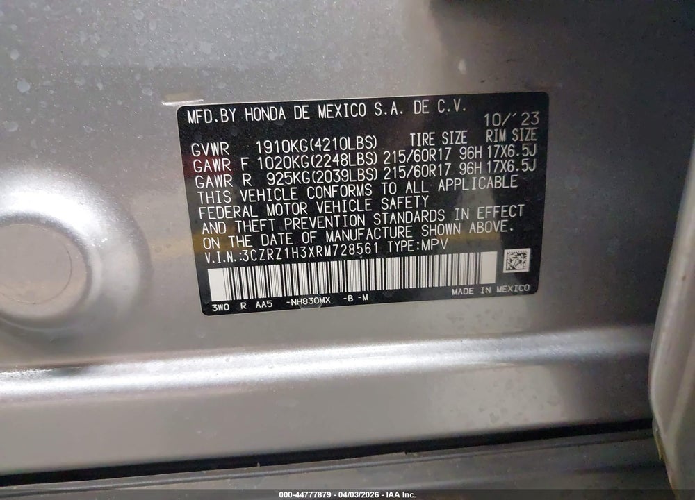 2024 HONDA HR-V 2WD LX VIN: 3CZRZ1H3XRM728561