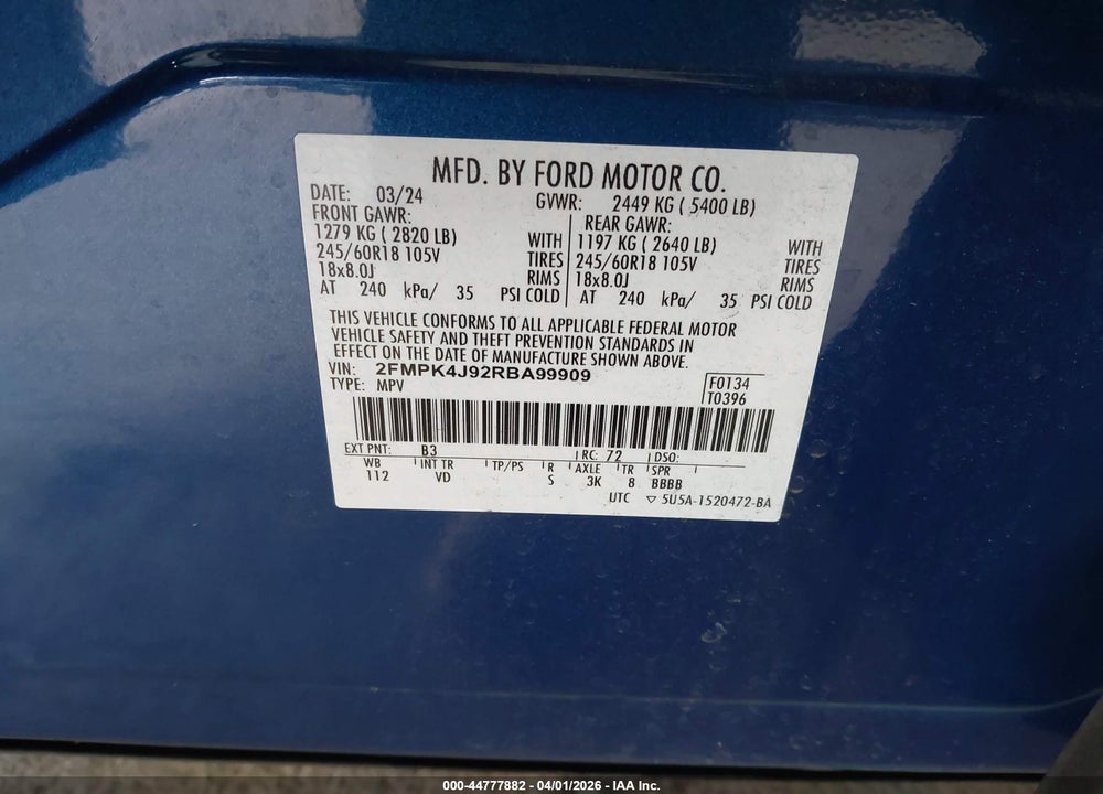 2024 FORD EDGE SEL VIN: 2FMPK4J92RBA99909